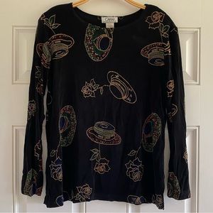 Vintage 90s Caviar Rose Garden Black Long Sleeve Shirt Top Deadstock Embellished
